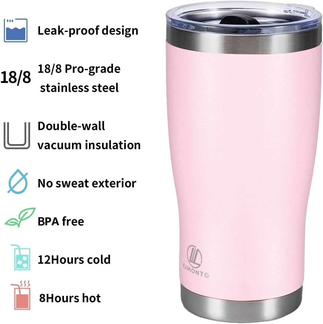 Limonto Vaso de 20 onzas con tapa y popote, botella de agua aislada al vacío con cubo de hielo de acero inoxidable, taza de viaje a prueba de fugas