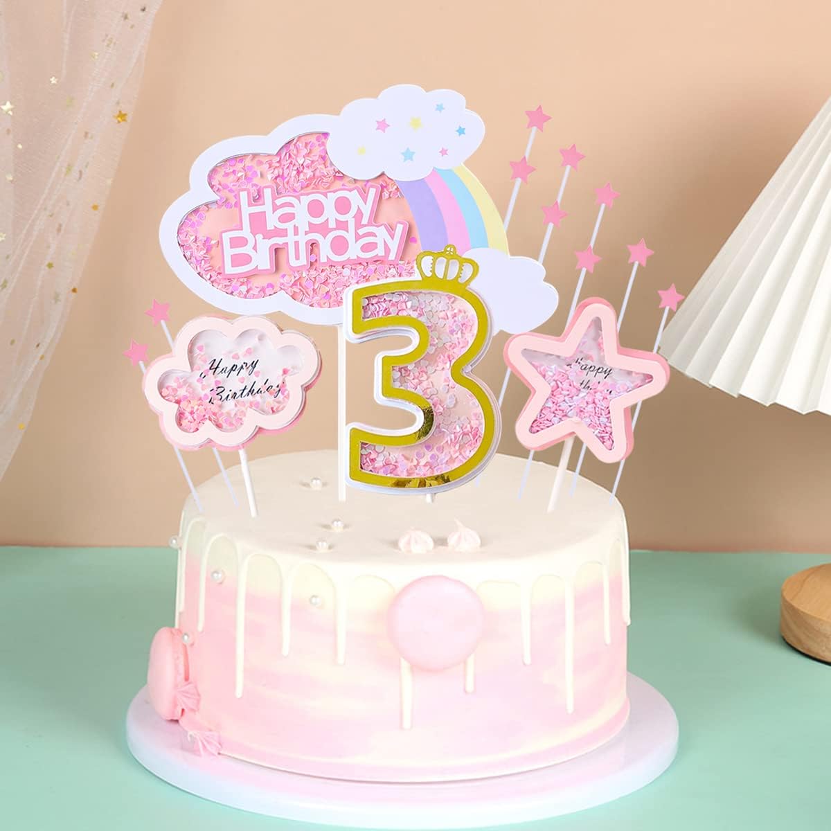Juego de decoración de pastel de tercer cumpleaños para bebé niño con nubes de arco iris, estrellas, palillos para tartas de tres años, suministros