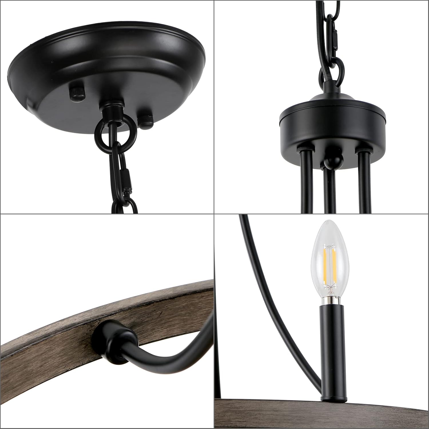 Candelabro de rueda de carro de 20 pulgadas, 6 luces rústicas de granja, lámpara de metal de madera sintética negra, lámpara de comedor, candelabros