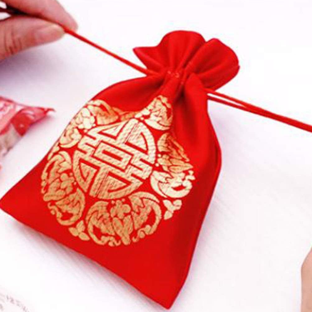 TENDYCOCO Good Fortune – Bolsa roja china de seda china, bolsas de regalo de la fortuna de la suerte, bolsa con cordón para joyas, bolsas para