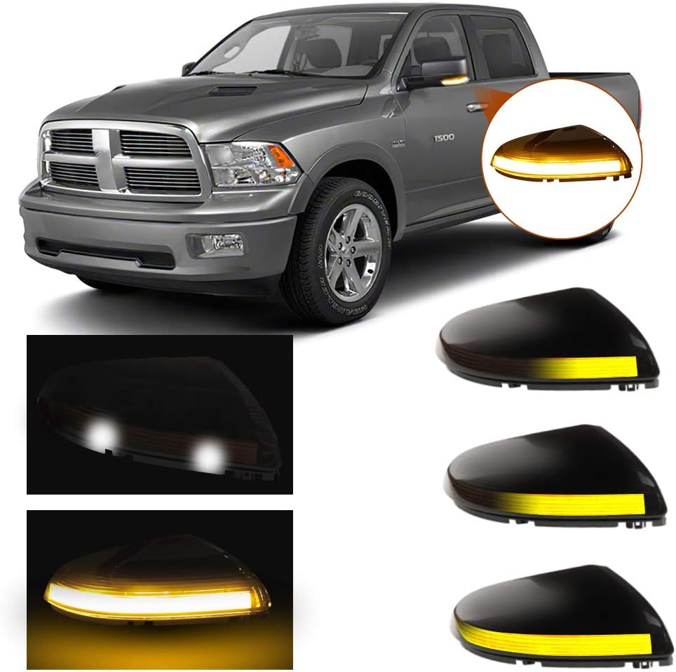 Espejo lateral LED secuencial dinámico señal de giro luz compatible con Dodge Ram 1500 2009-2018, Ram 2500 2010-2018, lente ahumada para 68064948AA