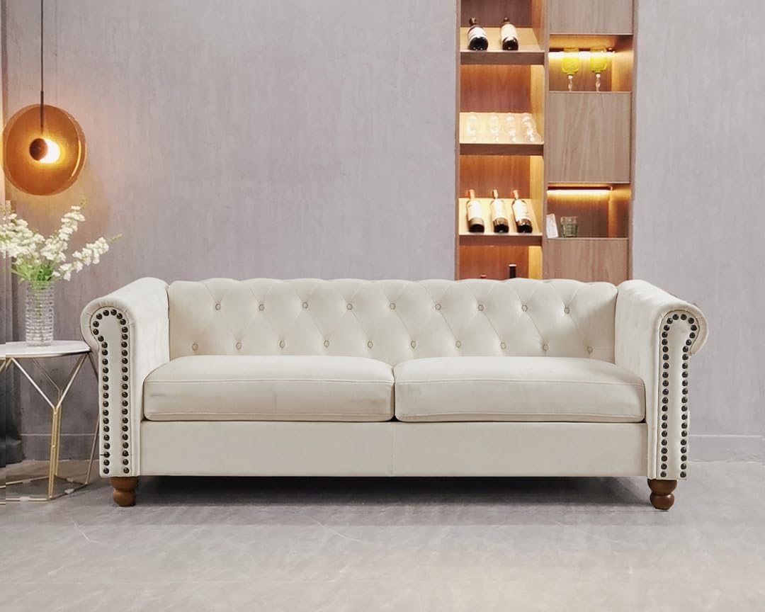 Chesterfield – Sofá moderno tapizado cómodo con asientos profundos, sofá de 3 plazas con 2 almohadas para sala de estar, apartamento, oficina, sala