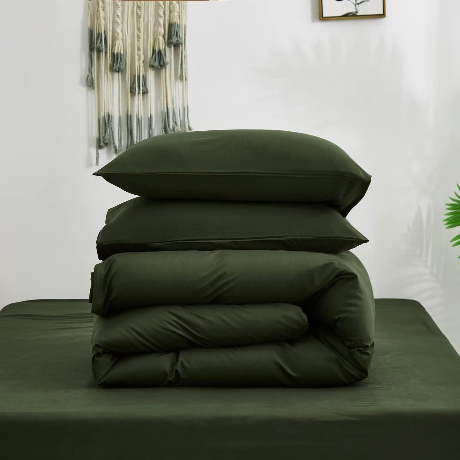 Houseri Juego de edredón, color verde militar (tamaño matrimonial), ropa de cama de 3 piezas con 1 edredón y 2 fundas de almohada, estilo moderno de