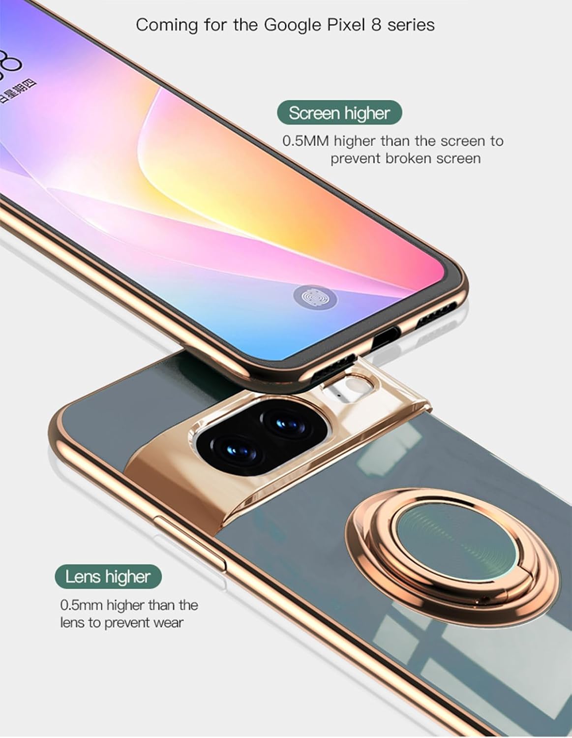 Funda para Google Pixel 8  Slim Fit soporte giratorio de anillo lujoso color dorado metal cubierta de silicona suave TPU protección a prueba de