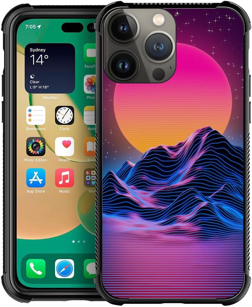 CARLOCA Funda compatible con iPhone 15 Pro, fundas Synthwave con patrón retro de paisaje morado para iPhone 15 Pro, ultra protección, a prueba de