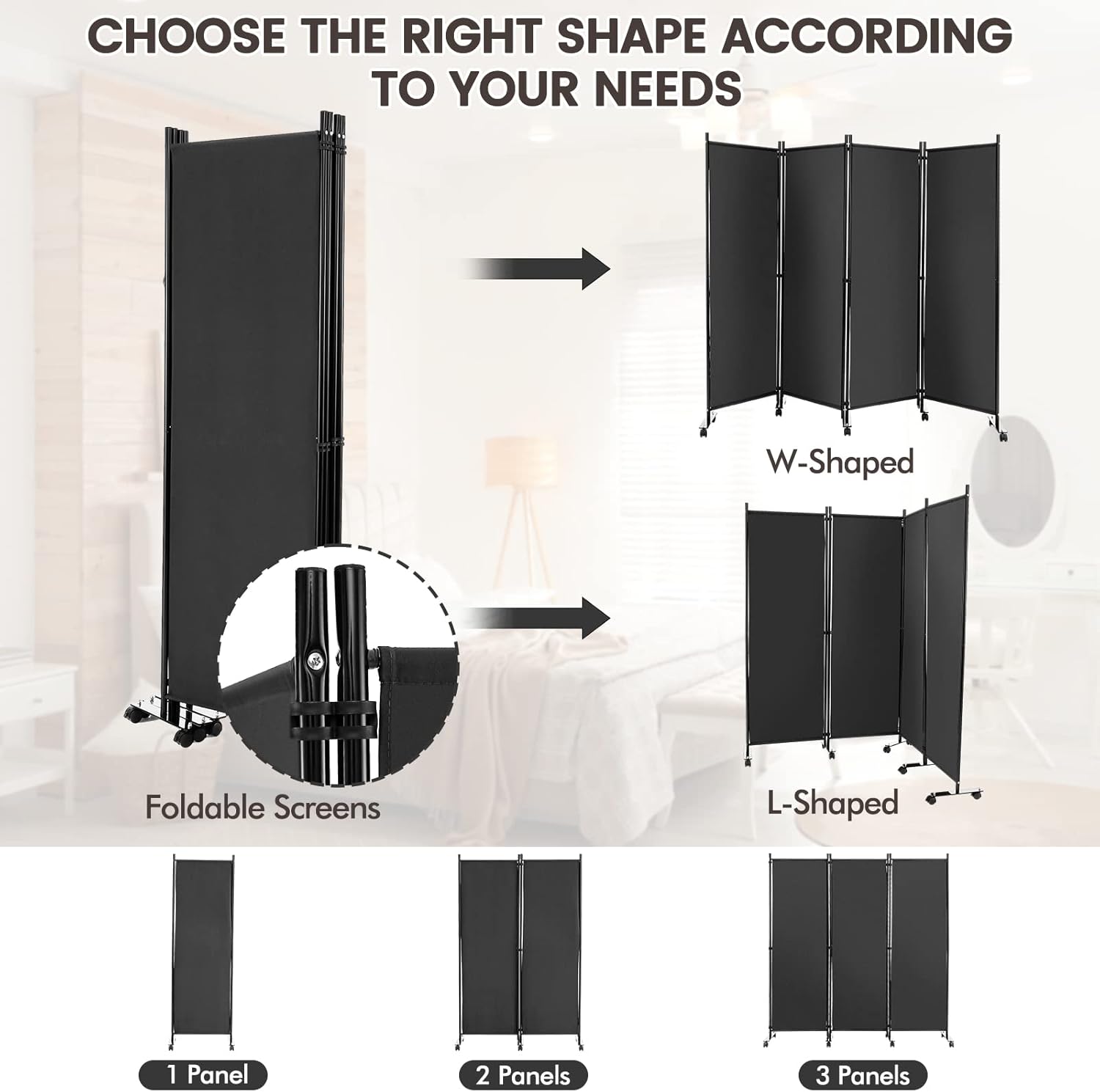 Giantex Divisor de habitación de 4 paneles con rodillos gris pantalla de privacidad plegable independiente de 5.7 pies, divisor de pared de 89