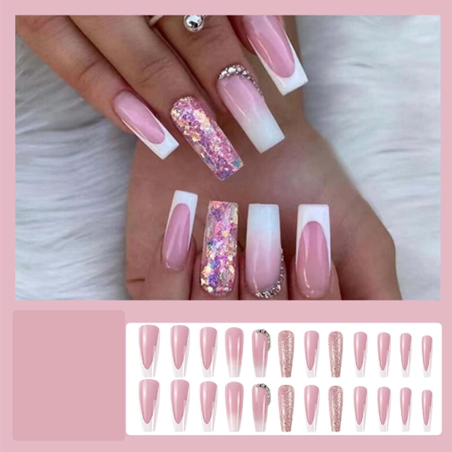 Uñas postizas largas tipo ataúd, uñas francesas blancas a presión, puntas de uñas degradadas, uñas postizas acrílicas con purpurina para mujeres y