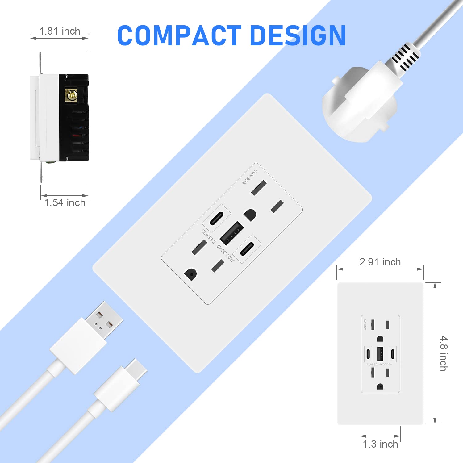 Amerisense GaN – Toma de pared USB de 30 W, 6 amperios, 3 puertos, receptáculo resistente a manipulaciones de 15 amperios con 2 puertos USB tipo C y