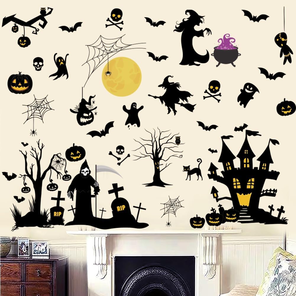 Calcomanías de pared de bruja de Halloween, decoración de pared de murciélago de luna de Halloween, decoración de pared de vinilo para despegar y
