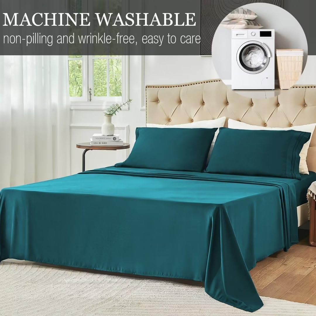 Juego de sábanas de tamaño matrimonial color verde azulado, juego de sábanas bajeras y fundas de almohada, 4 piezas de microfibra suave y