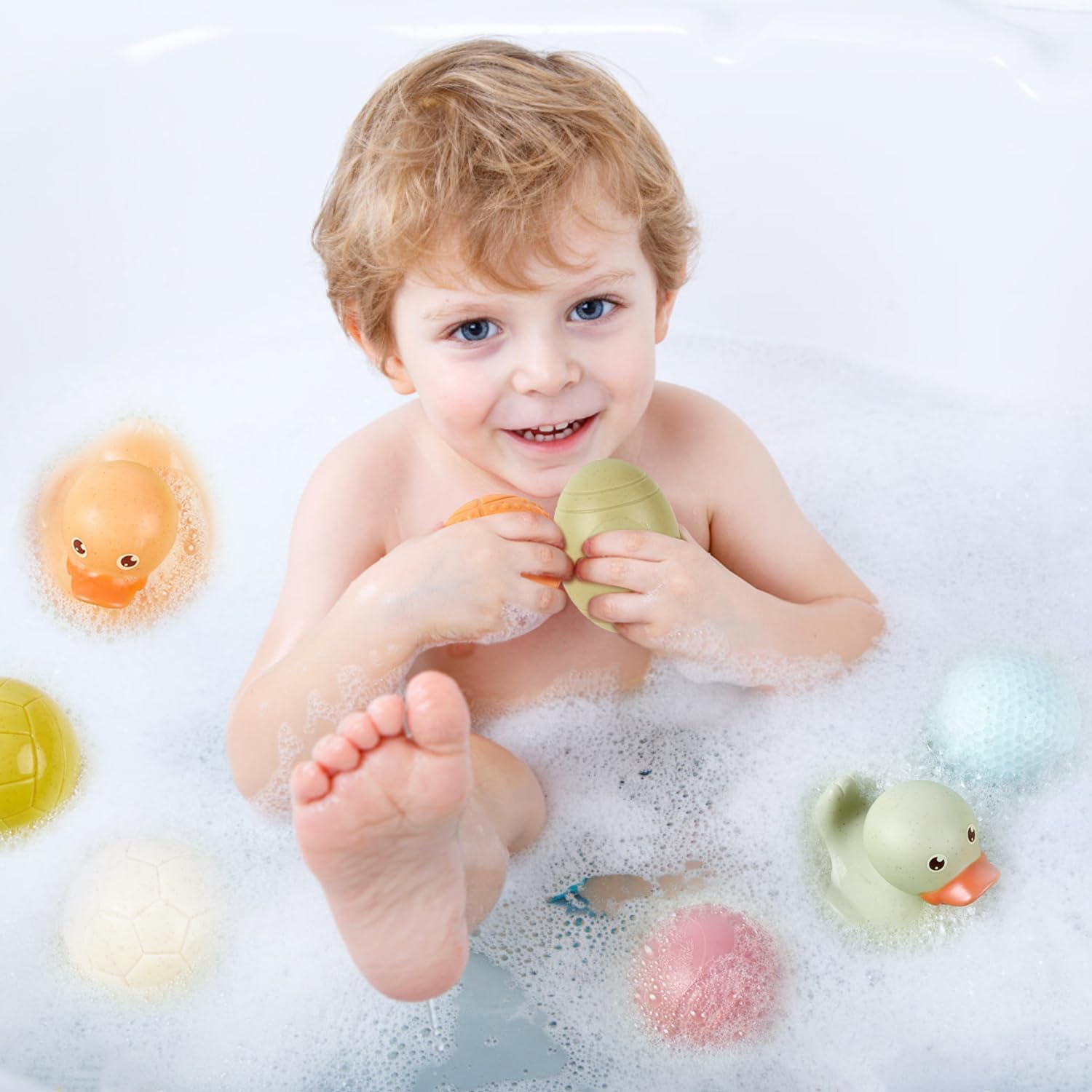 Juguetes de baño sin agujero sin moho, juguetes Montessori para bebés mayores de 6 meses, 9 bolas deportivas y juego de juguetes de pato de baño de