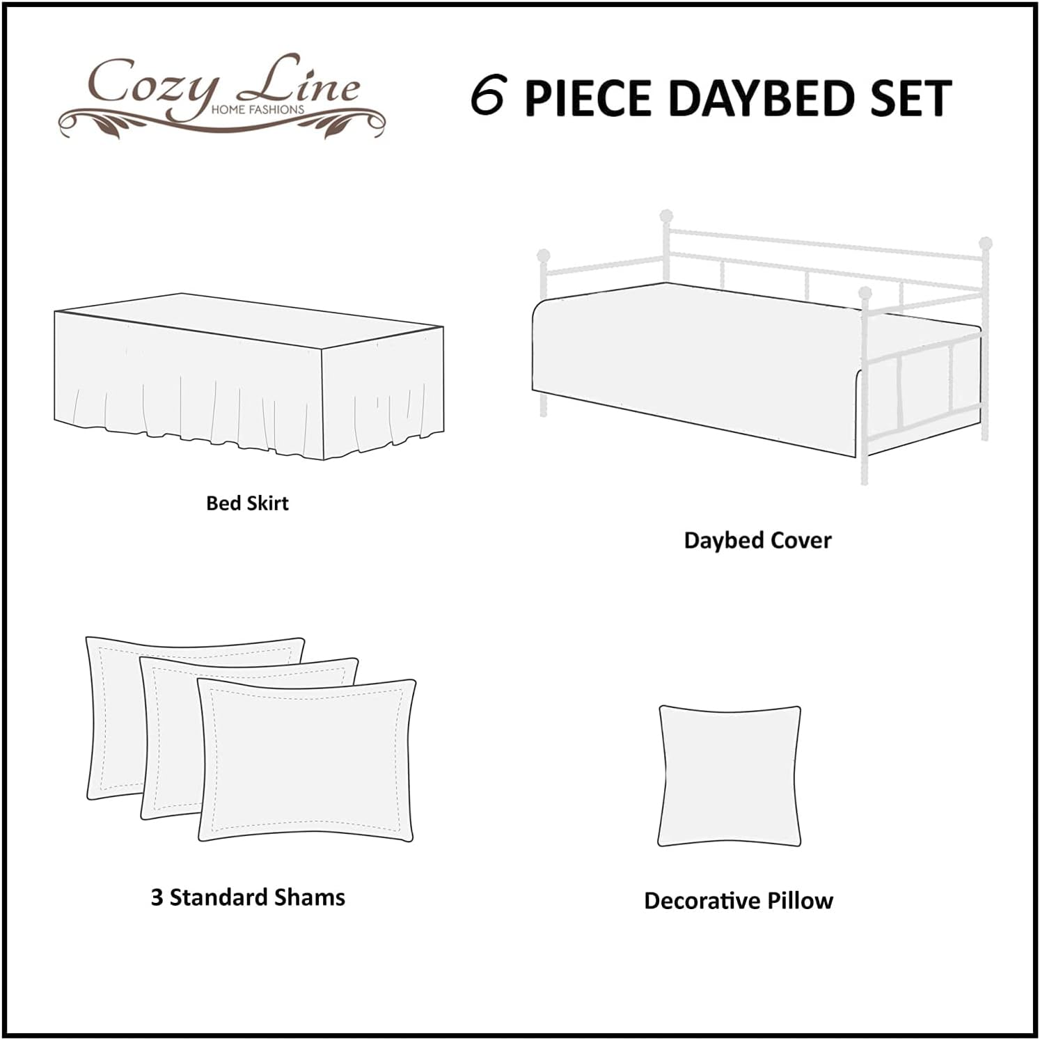 Cozy Line – Juego de cama de 6 piezas, ropa de cama reversible de algodón reversible con falda de cama, fundas a juego, almohada decorativa