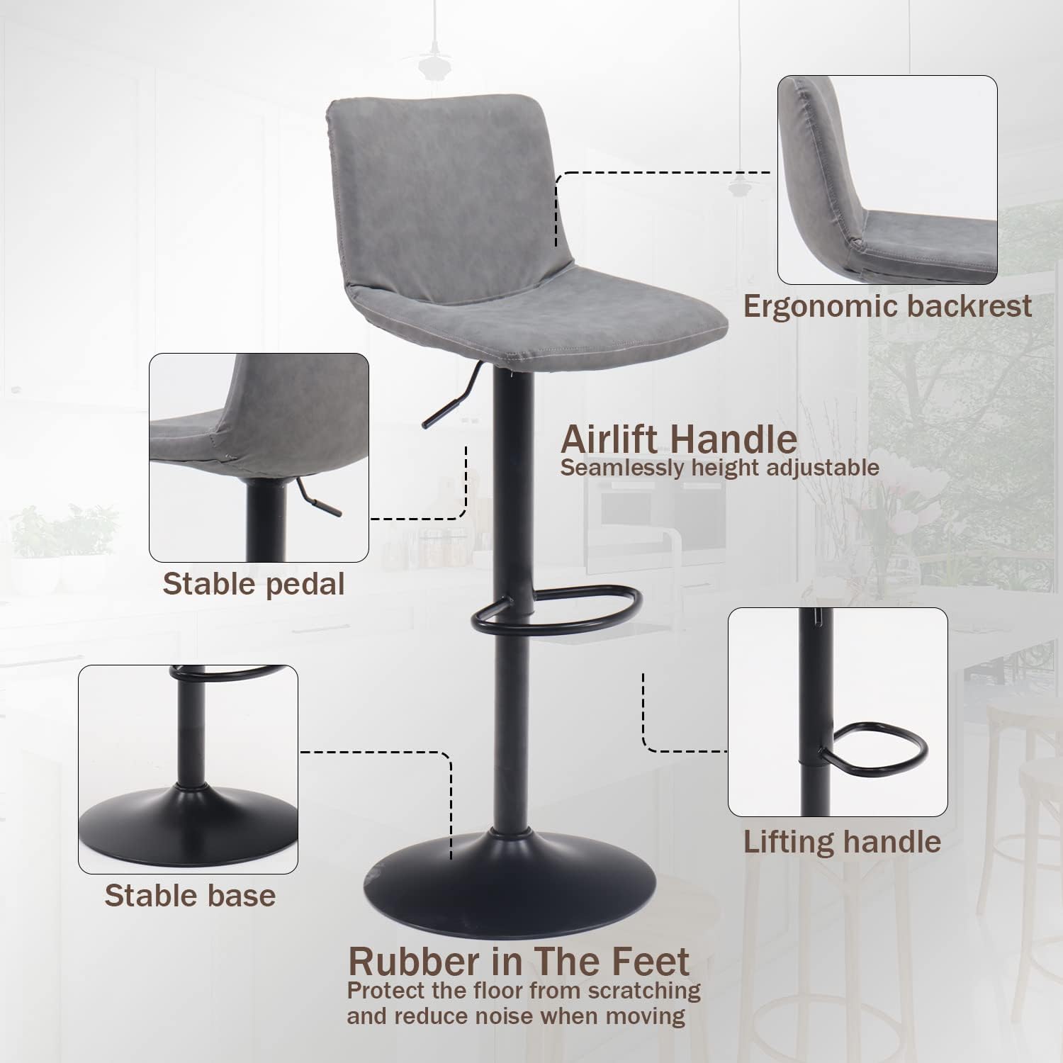 OHAHO Juego de 2 taburetes de bar giratorios para mostrador de cocina, sillas de bar de altura ajustable con respaldo, taburetes de bar altos de