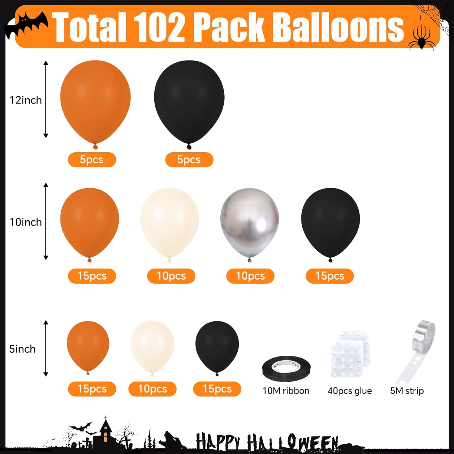 Kit de guirnalda de arco de globos de Halloween, 102 globos de látex naranja negro marfil, decoraciones de fiesta de Halloween para niños y niñas,