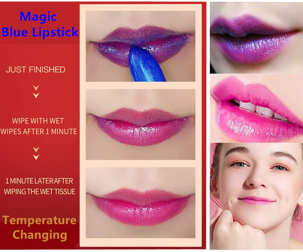 Go Ho Lápiz labial Blue Magic, lápiz labial que cambia de color, brillo labial brillante, lápiz labial rosa, brillo labial hidratante de larga