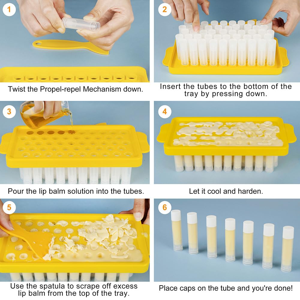 LotFancy Tubos de bálsamo labial con bandeja de llenado y espátula, 50 unidades de 0.2 fl oz (316 onzas) recipientes de bálsamo labial transparentes