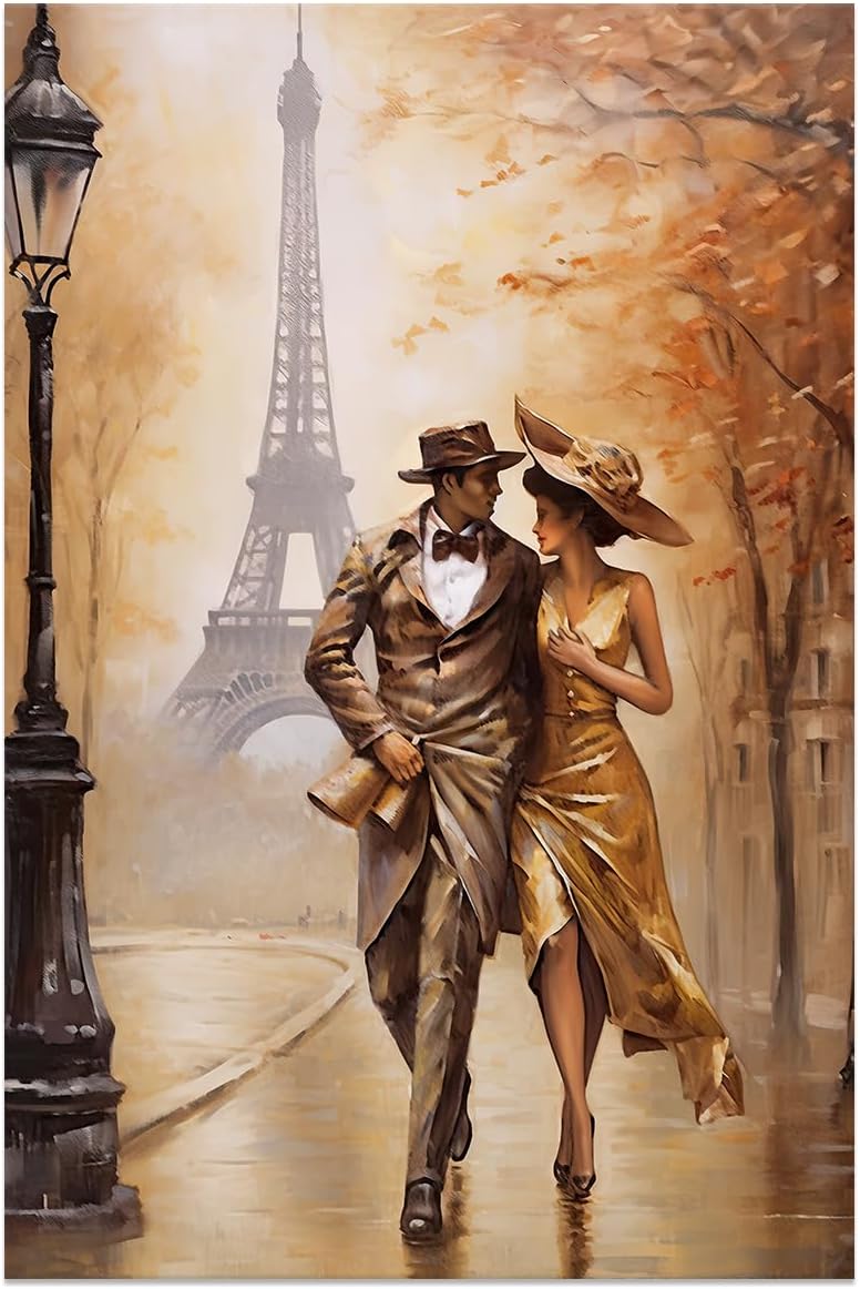 Arte de pared de París, arte en lienzo de la Torre Eiffel con decoración, pintura abstracta de oro para amantes de la calle, obra de arte romántica