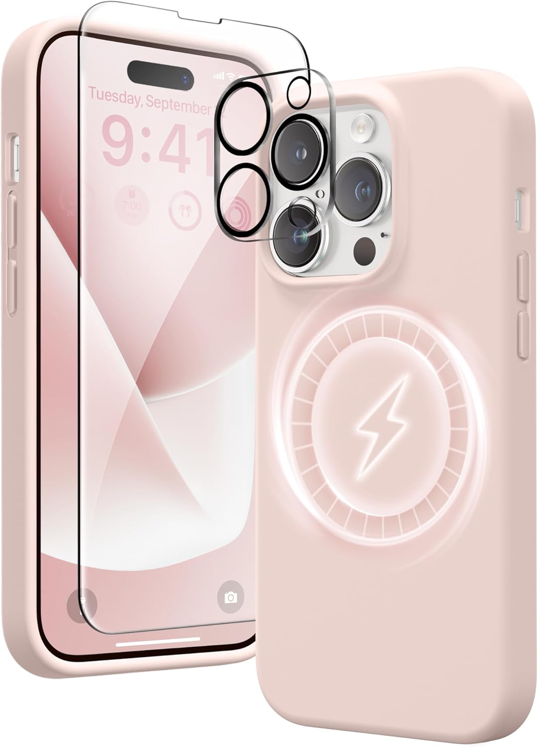 GONEZ Funda de silicona para iPhone 14 Pro Max, compatible con Magsafe, con 2 protectores de pantalla + 2 protectores de lente de cámara, silicona