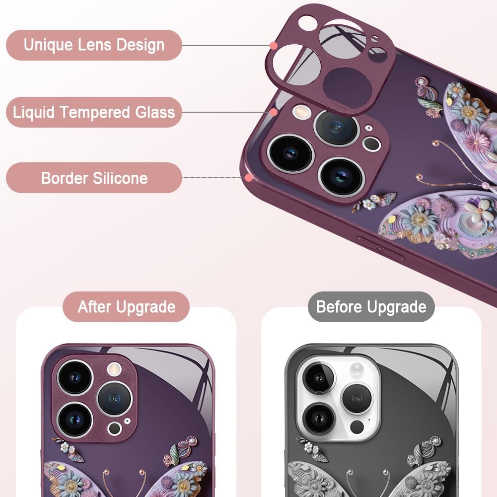 AIGOMARA Funda para iPhone 15 Pro Max de 6.7 pulgadas, bonita mariposa chapada en purpurina con protección de la cámara, a prueba de golpes,