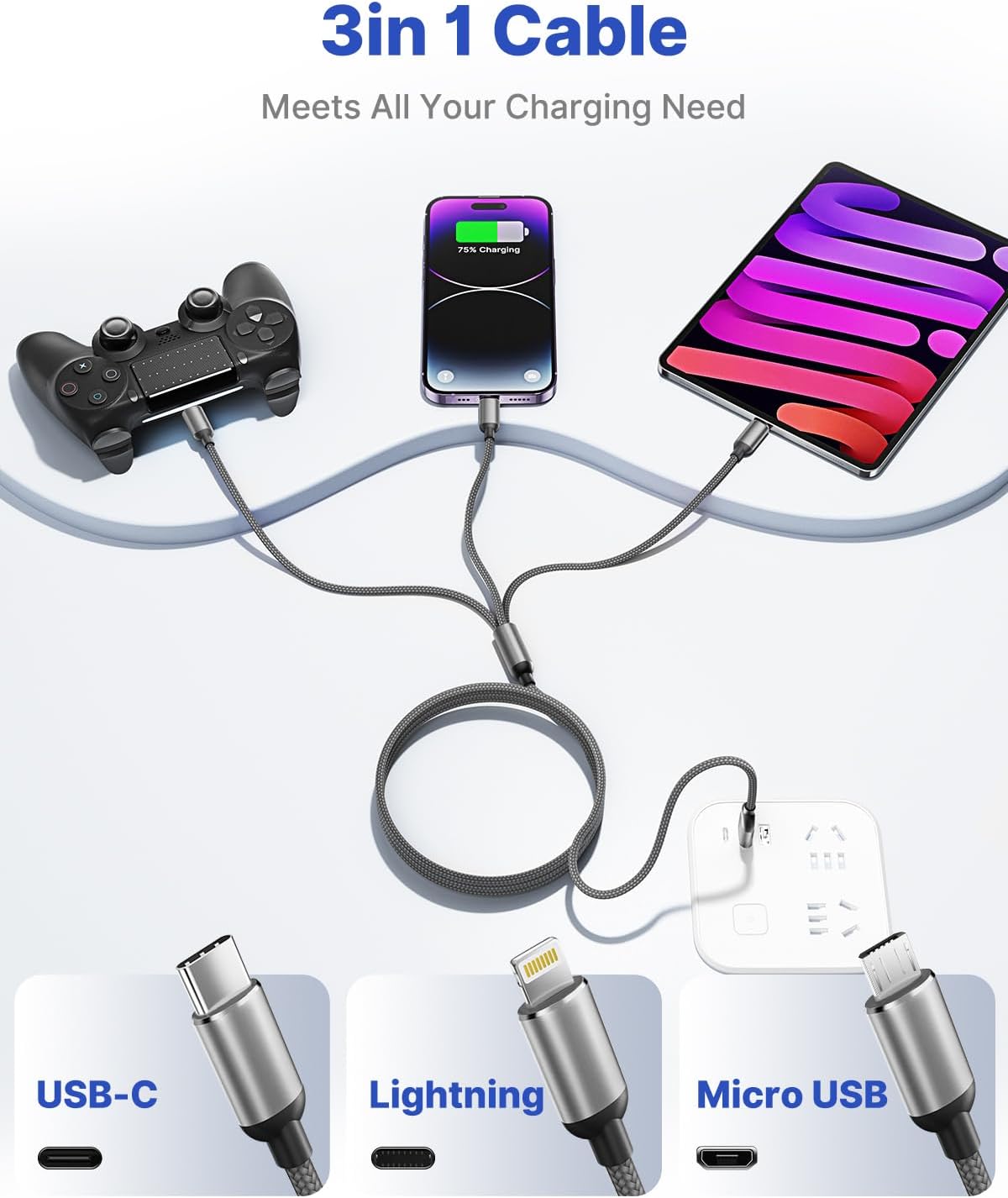 Cargadores para múltiples dispositivos, cable de carga múltiple 3 en 1, cable de carga rápida múltiple de nailon trenzado, adaptador de cable USB
