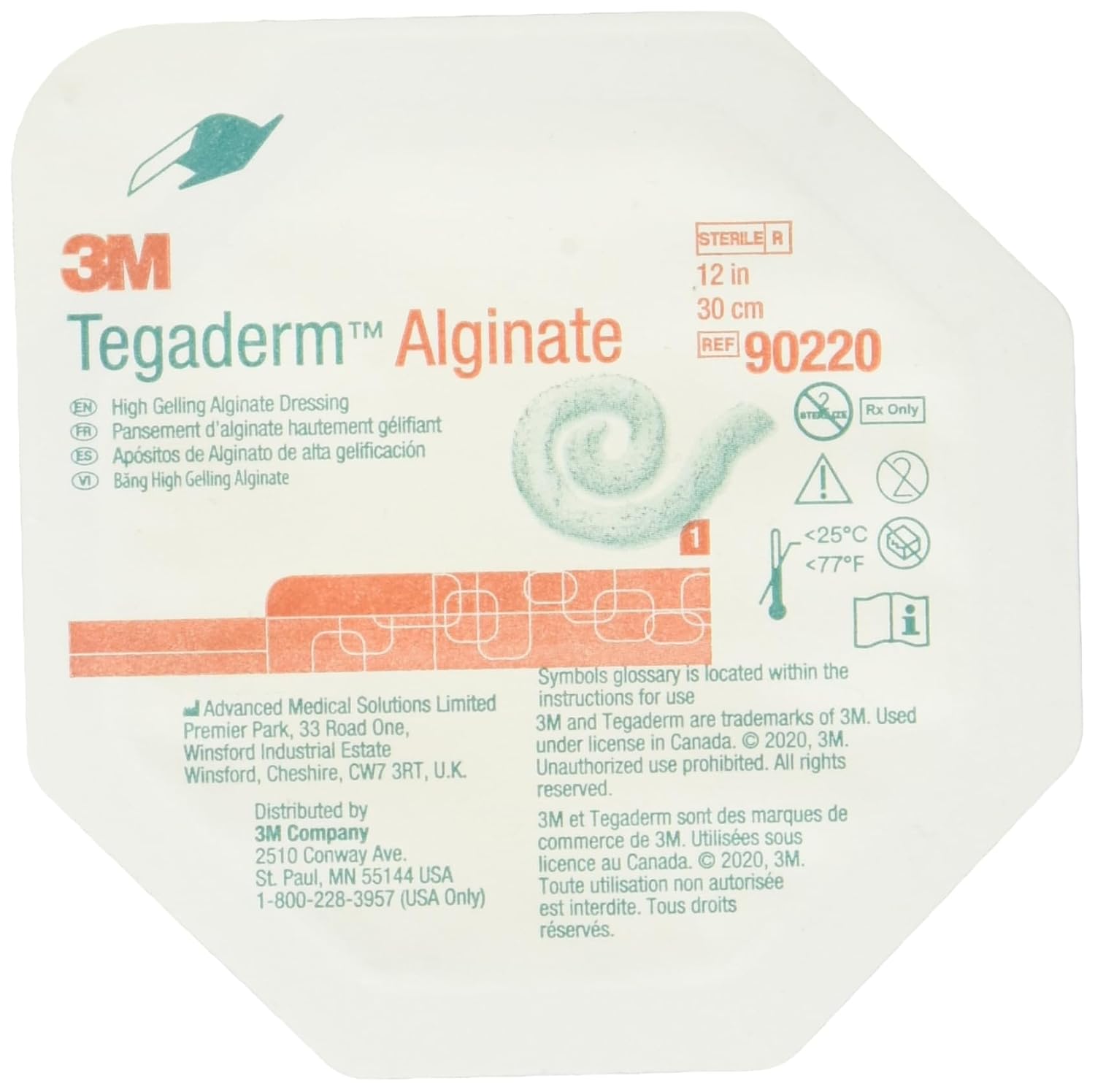 3M Tegaderm – Apósito de alginato de alta gelificación, 90220, 1 in x 2 in, vendaje estilo cuerda, 5cartón, 4 cartones por caja