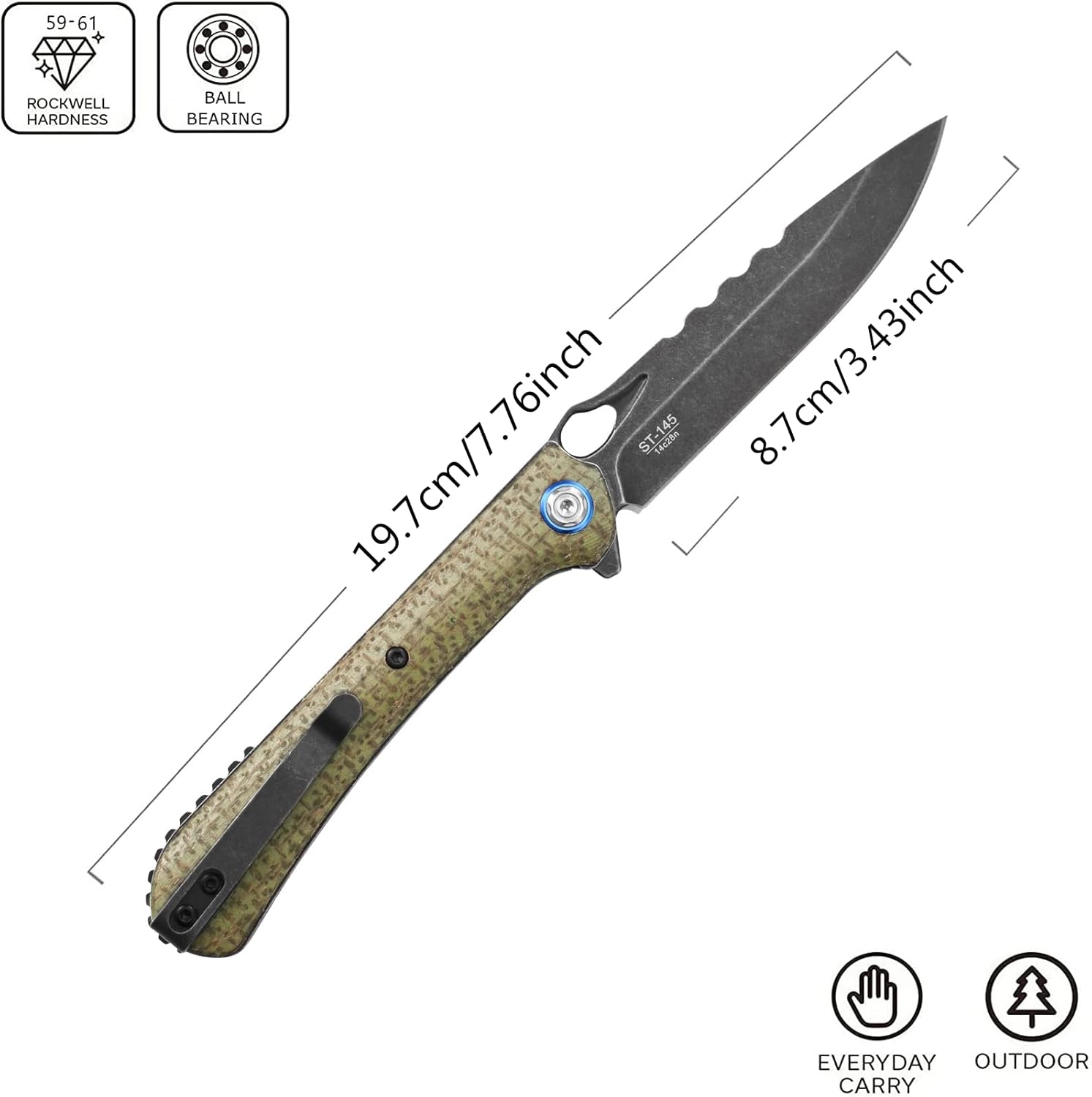 Sitivien ST145 – Cuchillo de bolsillo plegable, hoja de acero 14C28N lavada a la piedra negra, cuchillo de herramienta EDC con mango de micarta para