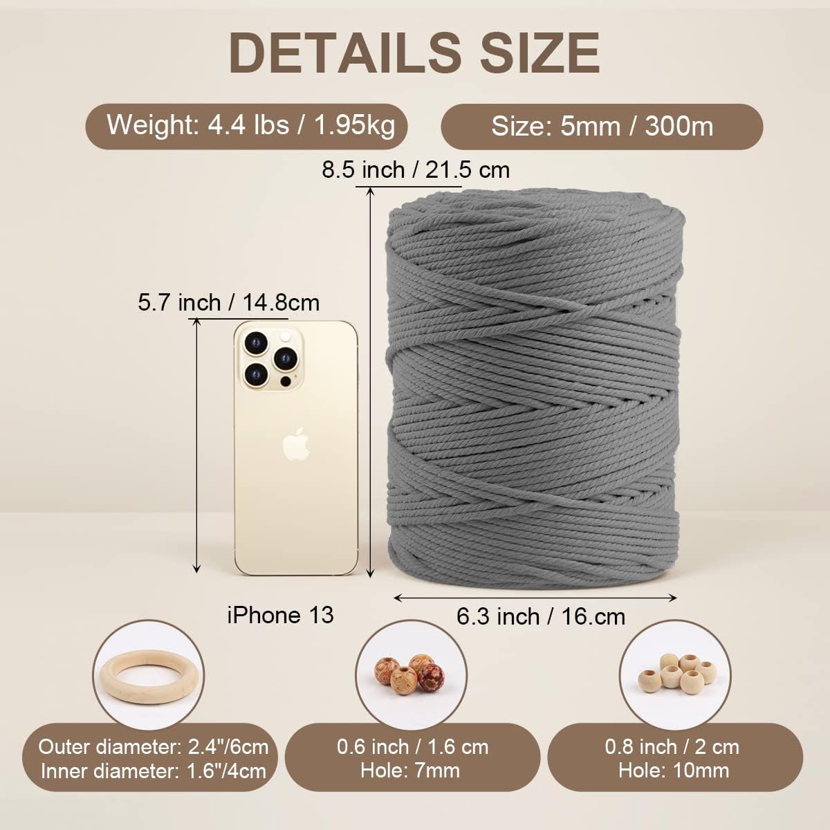 ZUEXT – Cordón de algodón de macramé de 0.197 in x 328 yardas, cuerda trenzada natural hecha a mano gris claro, 4 hebras de cuerda de punto para