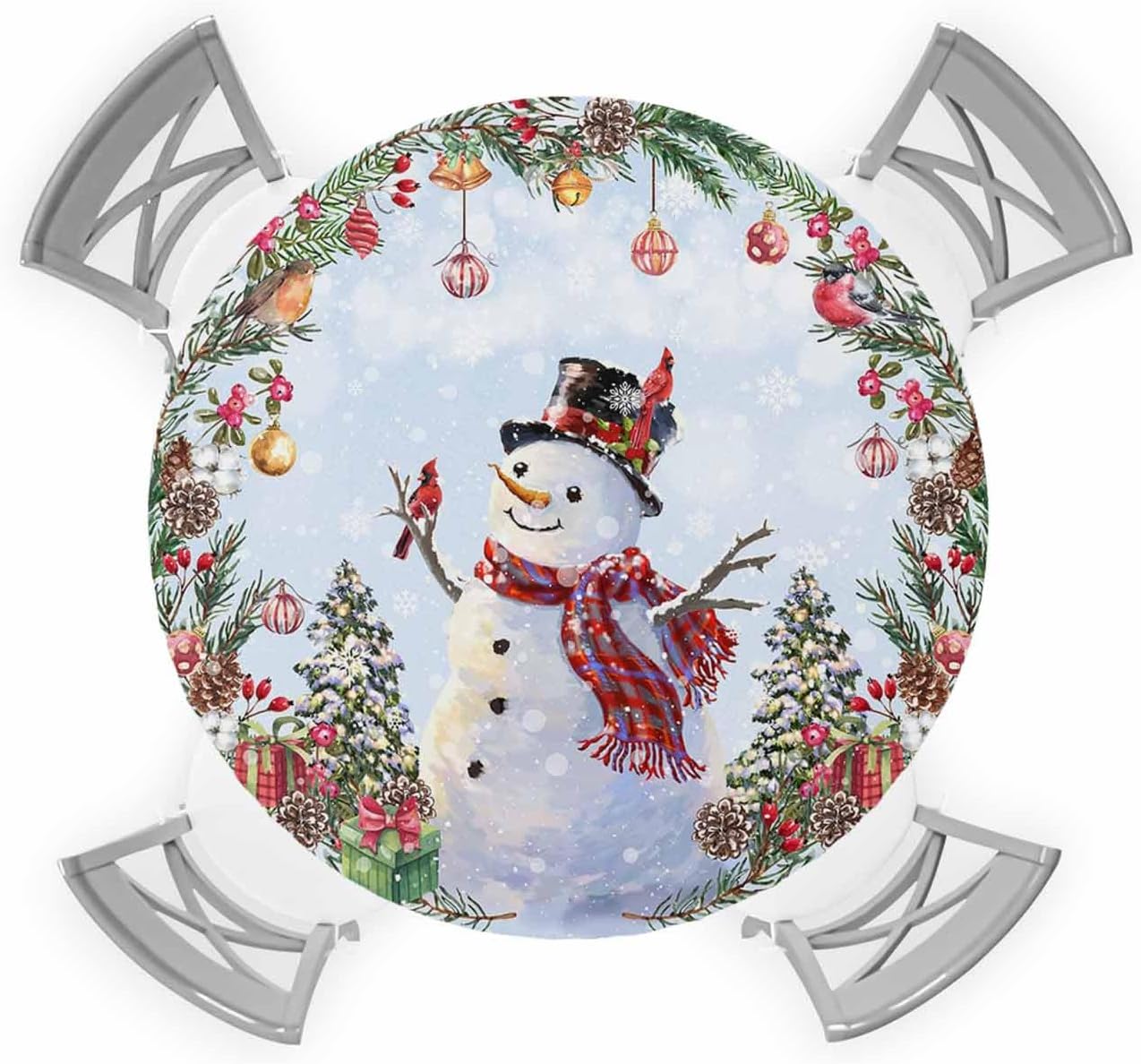 Mantel redondo ajustable con diseño de muñeco de nieve de Navidad, copos de nieve, bola de pájaro, elástico, impermeable, para interiores y