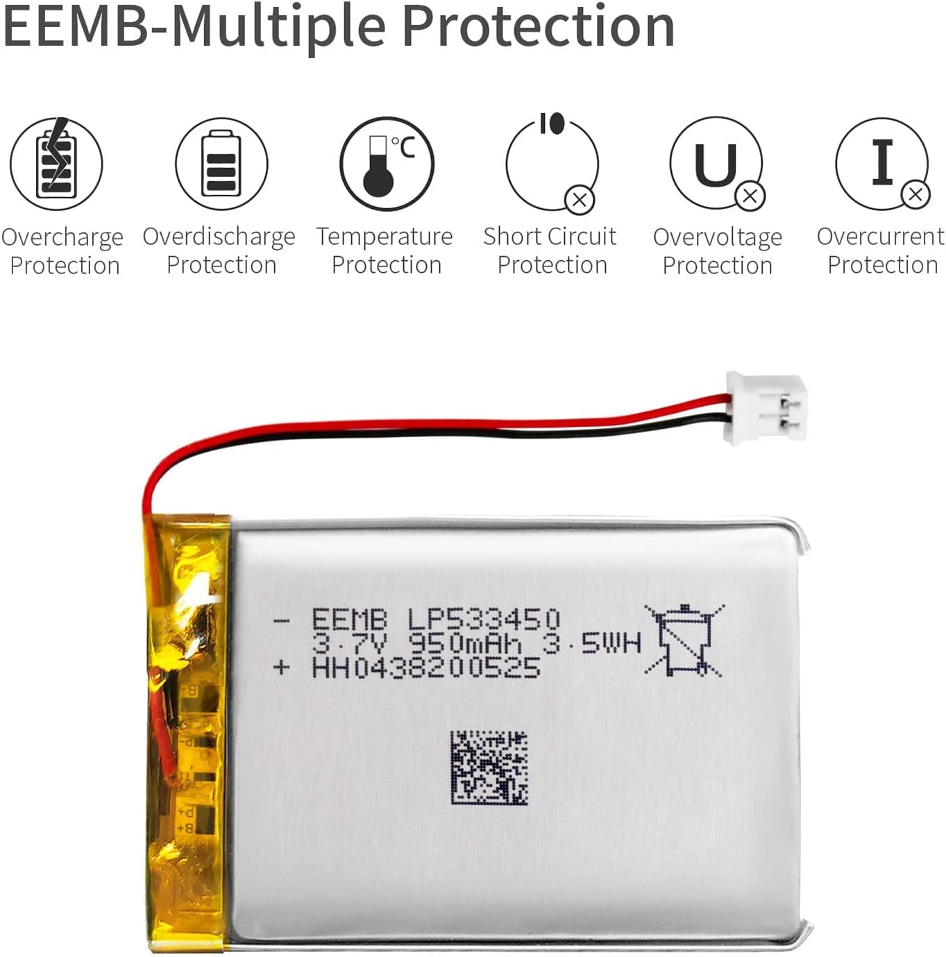 EEMB 3.7V Lipo Batería 950mAh 533450 Batería de iones de polímero de litio Batería recargable de polímero de iones de litio con conector JST