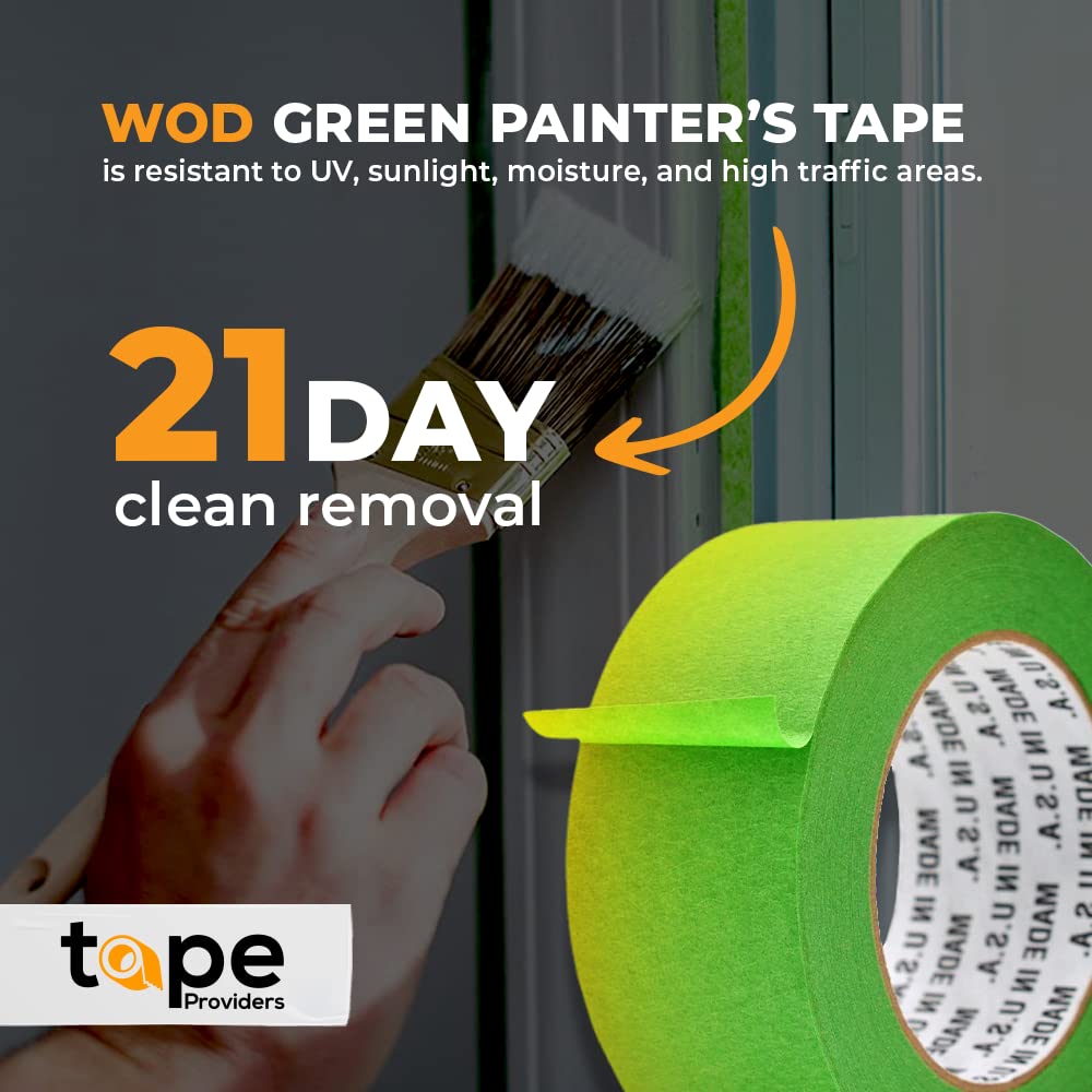 WOD PMT22G Cinta de pintor verde multisuperficie  1 pulgada x 60 yardas. Cinta adhesiva gruesa y ancha para pisos, techos, acabado de bordes,