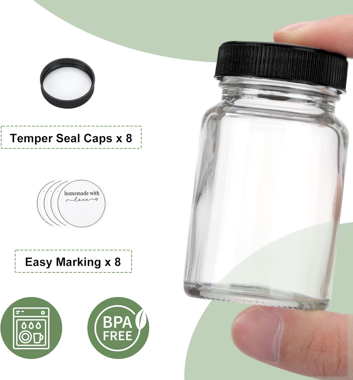 CUCUMI 8 botellas cortas de 2 onzas con tapas, pequeños frascos de vidrio con tapas para líquidos, chupitos de jengibre, aceites, con calcomanías