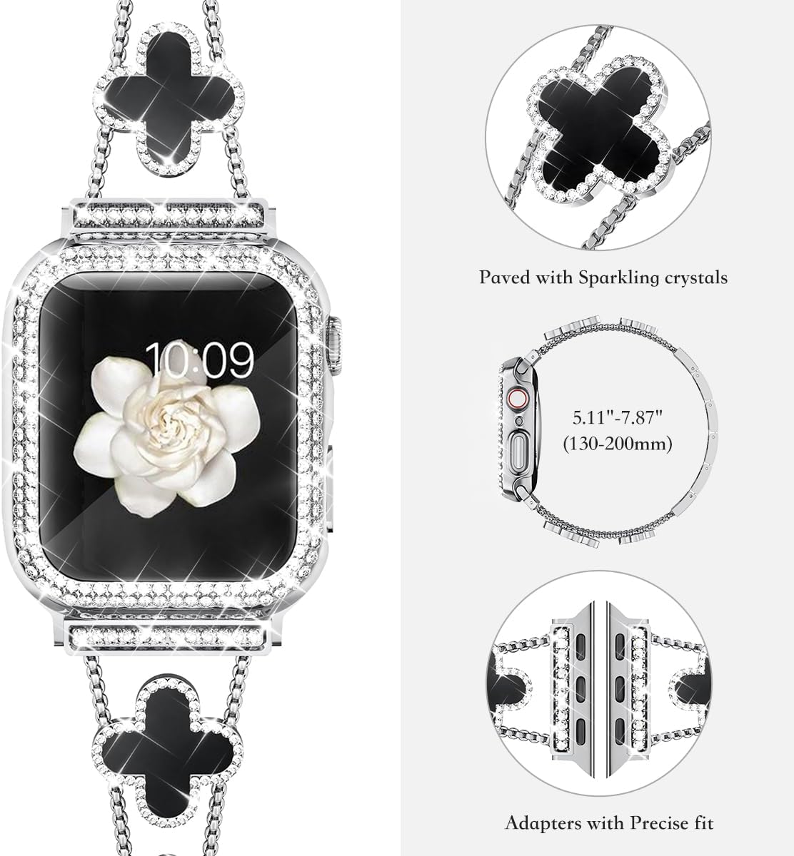 La correa de metal de diamante añade brillo a tu reloj. Compatible con Apple Watch Band y Case Series 987SE654321. El trébol es simple y elegante.