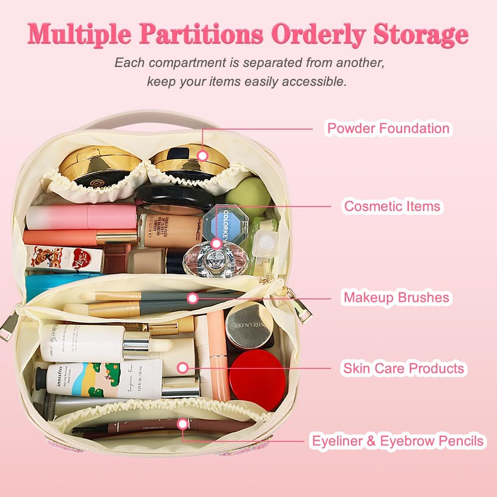 besharppin Bolsa de cosméticos de viaje de gran capacidad, bolsa de maquillaje plana abierta de cuero sintético para mujer, bolsa de aseo con letras