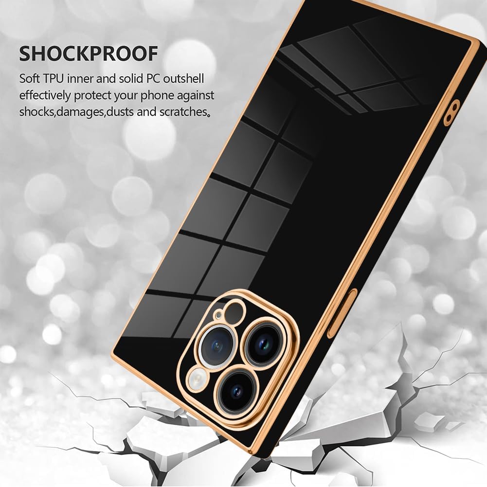 SAKUULO Funda de teléfono para iPhone 15 Pro Max, bonita funda cuadrada dorada chapada en oro para mujeres y niñas, TPU suave, a prueba de golpes,