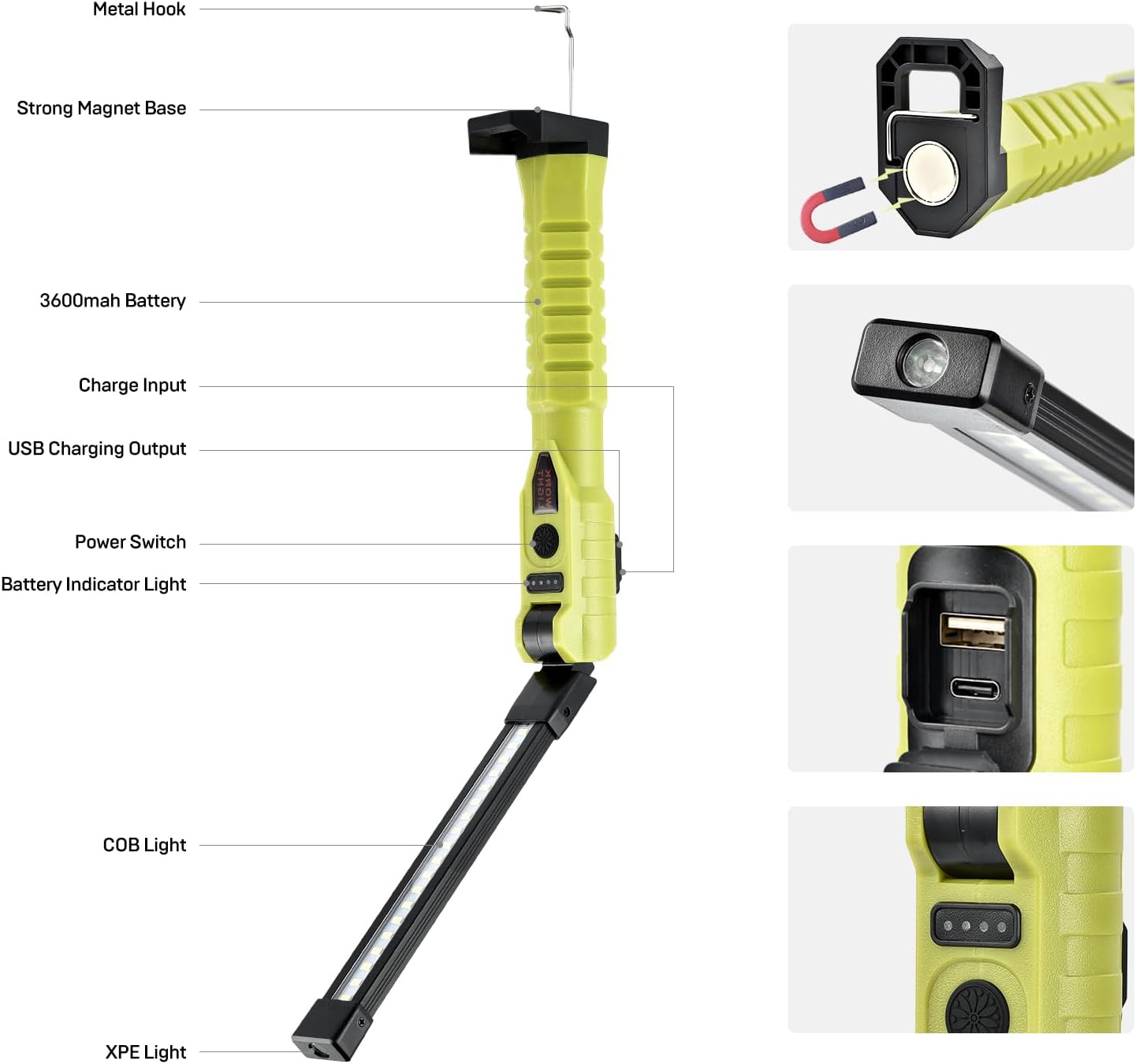 aceyoon Luz de trabajo LED magnética, 1500 lm, 7 modos de iluminación, luz de trabajo recargable, rotación de 180 plegable y gancho con linterna USB