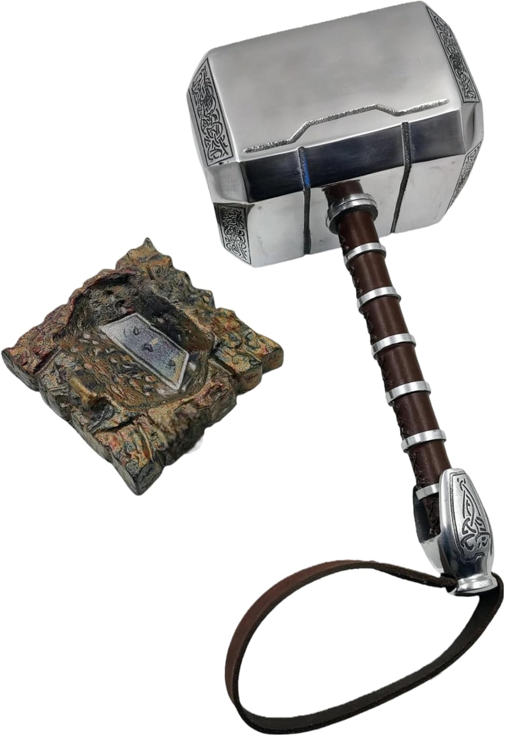Martillo Mjolnir roto de metal de alta calidad, juego de rol, coleccionable a escala 11, réplica de cosplay con base de exhibición