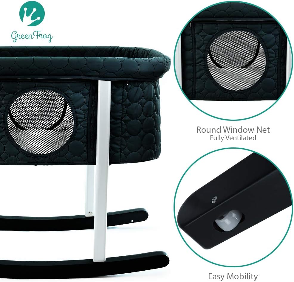 Cuna  Mecedora suave  Ventanas de malla  Colchón seguro para bebés  Ruedas ocultas para un fácil movimiento  Lavable  Ligero y portátil (negro)