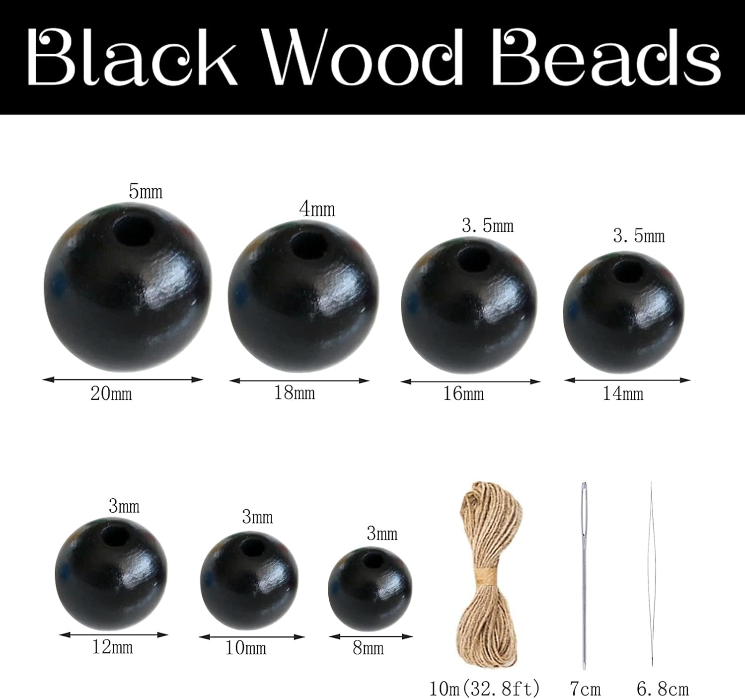 100 cuentas de madera negra con agujero de 0.197 pulgadas, cuentas redondas sueltas pulidas, cuentas espaciadoras a granel con cordel de yute de