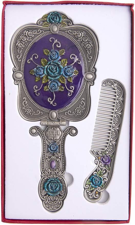 Juego de peine de espejo antiguo, espejo de maquillaje de mano de metal vintage con un peine de rosa rusa en relieve, espejo de mano de viaje
