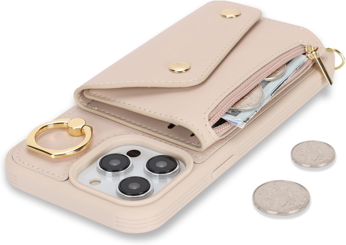 Funda para iPhone 13 Pro Max con tarjetero y correa, bolsillo con cremallera, correa cruzada con cordón, soporte para tarjetas de crédito, anillo de