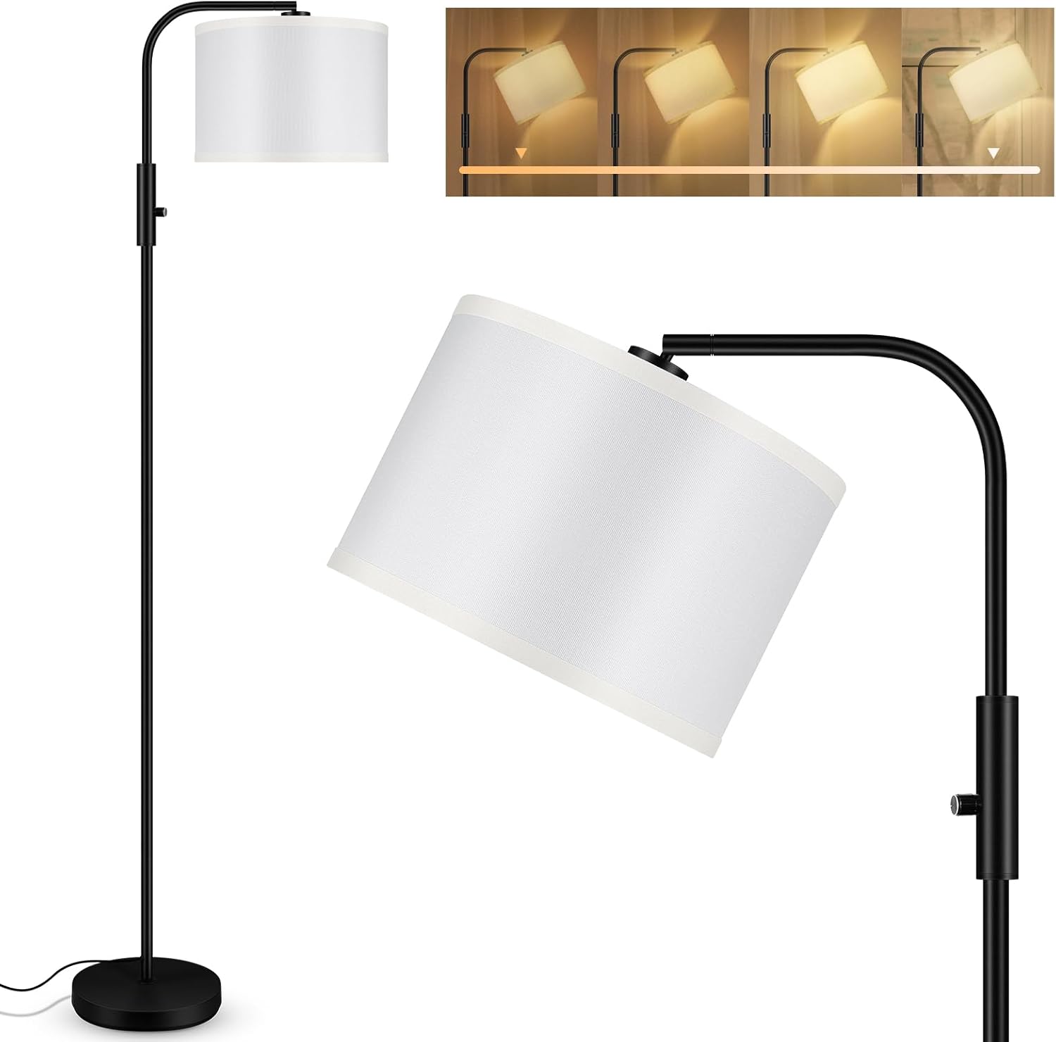 Lámpara de pie regulable, moderna lámpara de pie con bombilla LED (1000 lúmenes, 2700 K), pantalla de lámpara ajustable blanca, interruptor