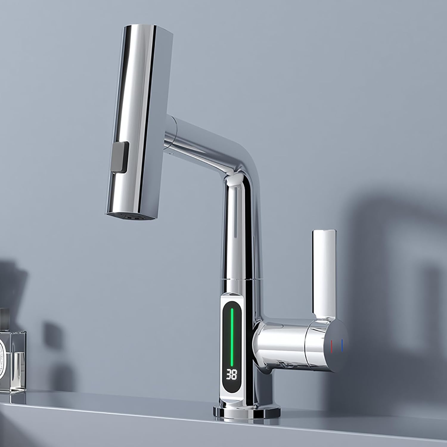 BARROCK Grifos de baño en cascada con rociador extraíble, moderno grifo de fregadero de baño extraíble con pantalla digital de temperatura, grifo