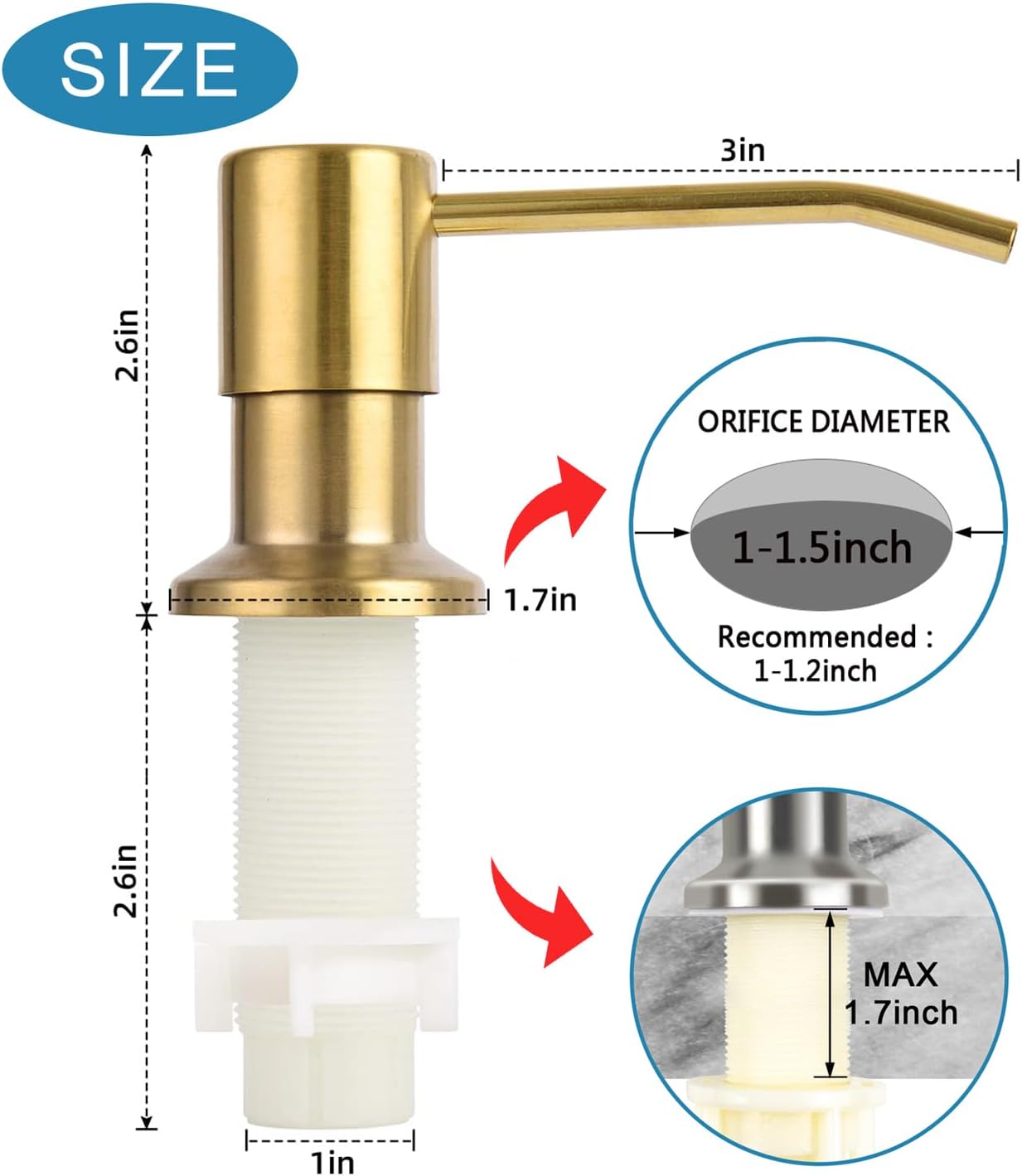 Dispensador de jabón para fregadero de cocina, dispensador de jabón de acero inoxidable cepillado dorado con kit de tubo de extensión de 47 pulgadas