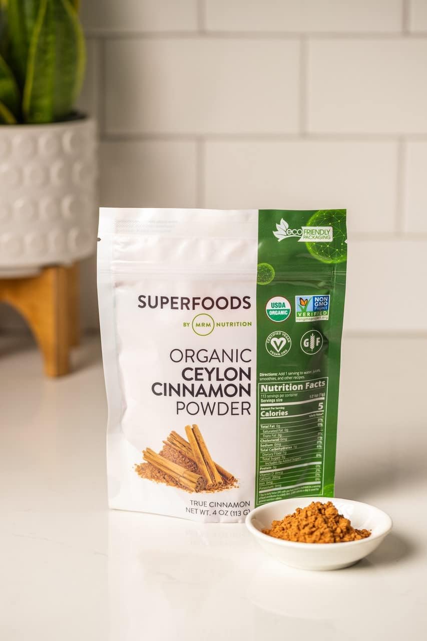 MRM Nutrition Organic Ceilán canela en polvo  Superalimentos  Canela verdadera  Antioxidantes  Salud del corazón  Vegano + Sin gluten  113 porciones