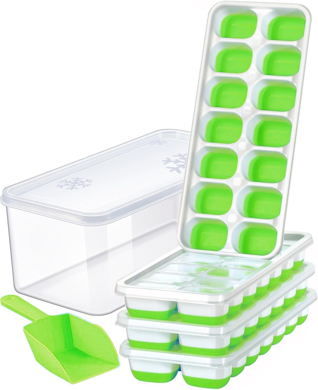 ARTLEO Bandeja para cubitos de hielo con tapa y contenedor, bandejas para cubitos de hielo de silicona y plástico de fácil liberación y contenedor