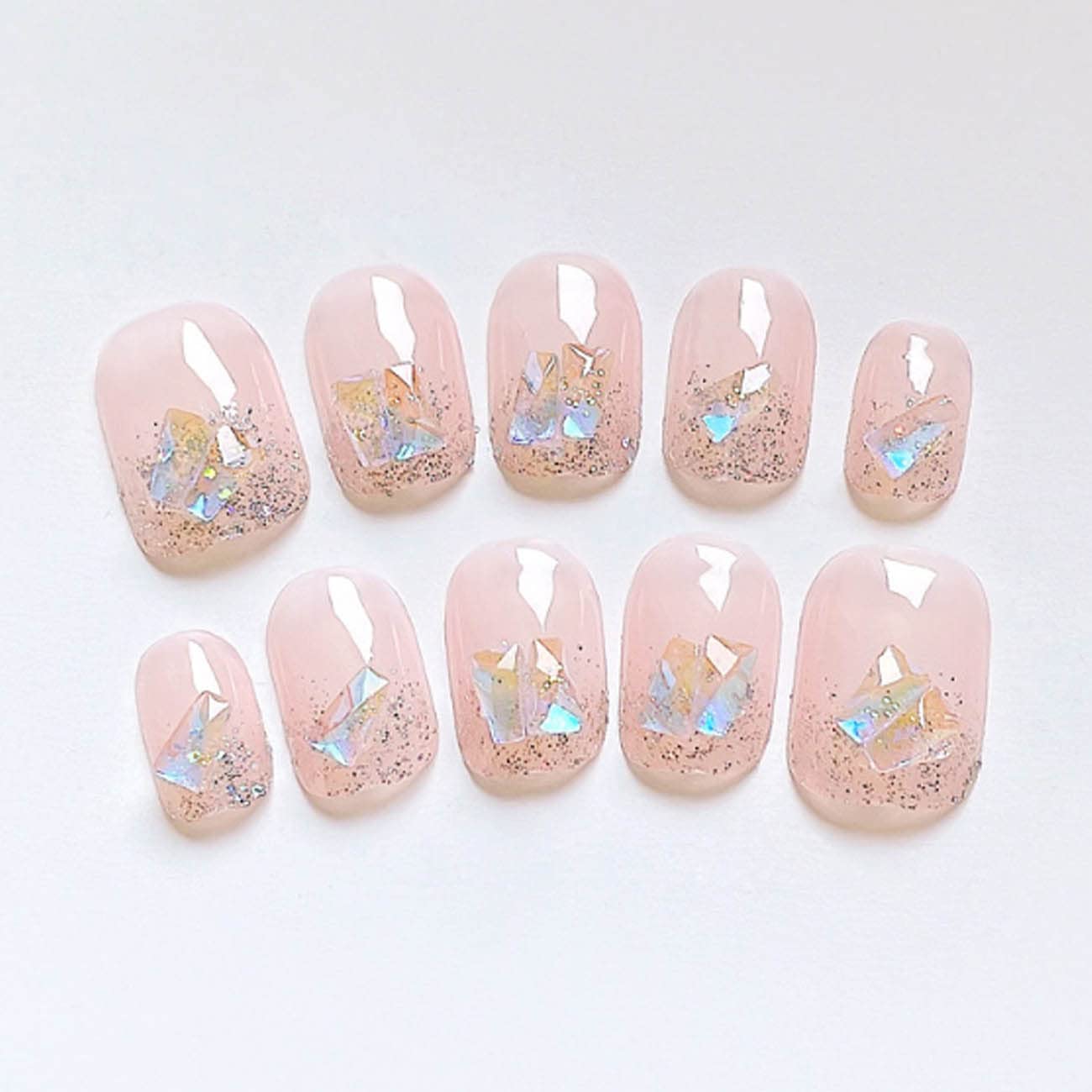 Hkanlre Uñas postizas brillantes a presión de rinetones medianas, cuadradas, puntas de uñas acrílicas de cobertura completa, color nude, para