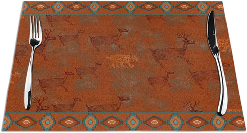 Juego de 4 manteles individuales Western Southwest Canyons Petroglyphs Desert Copper Turquoise Tribal Native, antideslizantes, lavables, para