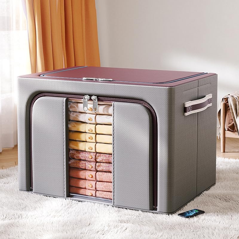 Metacrafts Caja organizadora de tela apilable y plegable, paquete de 2, contenedores de tela de gran capacidad con interior dividido, marco de metal