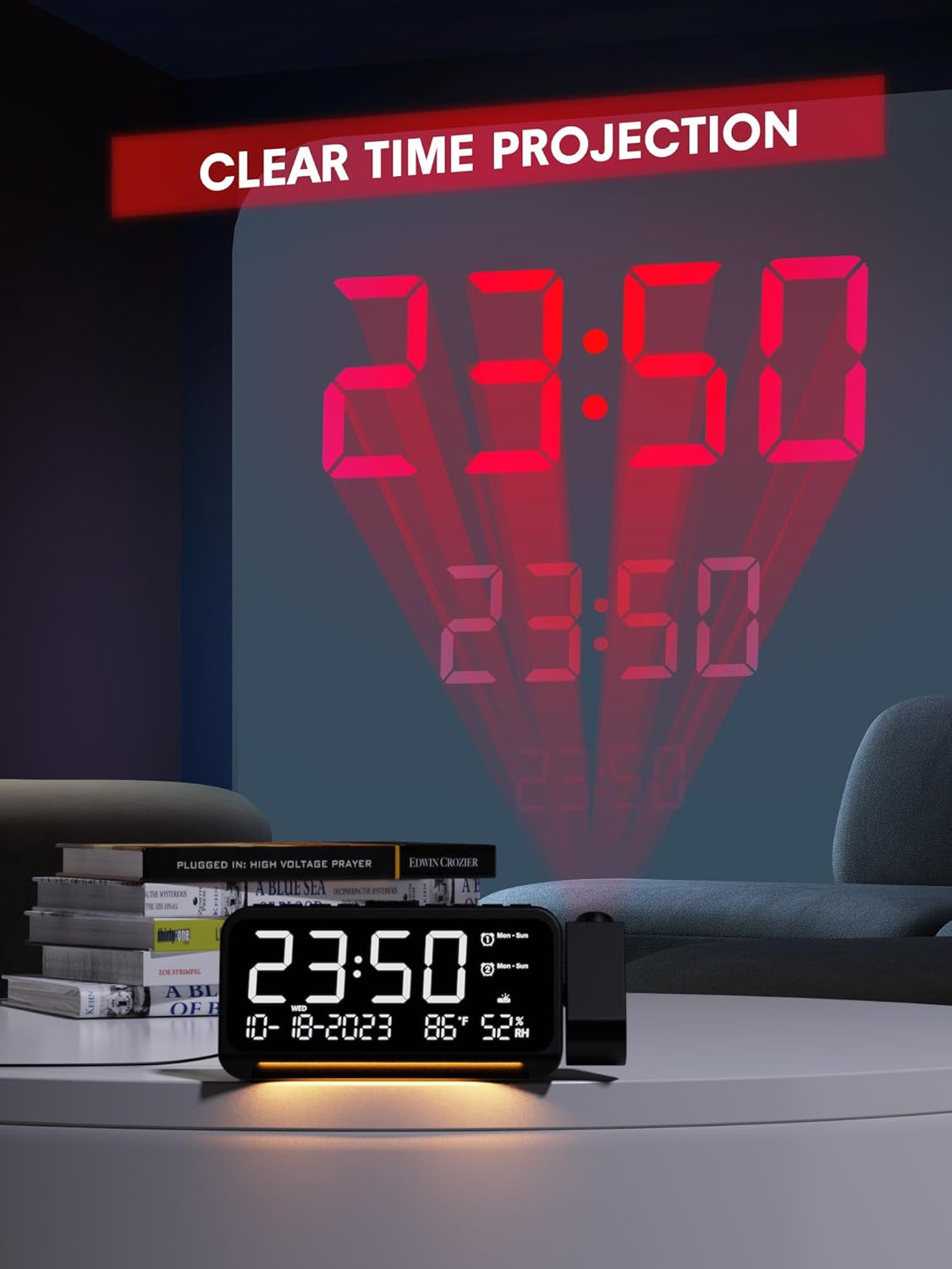 Reloj despertador de proyección con luz nocturna, fecha, temperatura, pantalla de humedad, proyector de reloj digital en la pared del techo con