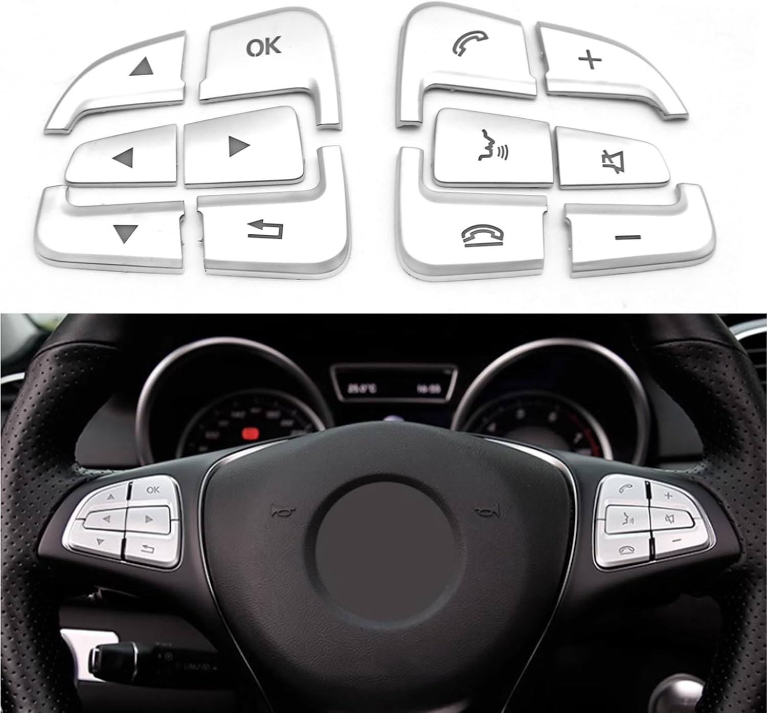 Mercedes Benz – Fundas para botón de volante, 12 unidades, ABS cromados, adhesivos para A B, GLA, CLA, GLS, GLE CLS, SL Class